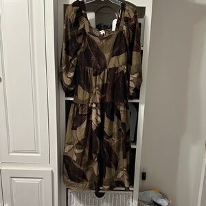 Brown and Tan Leaf Print Dress